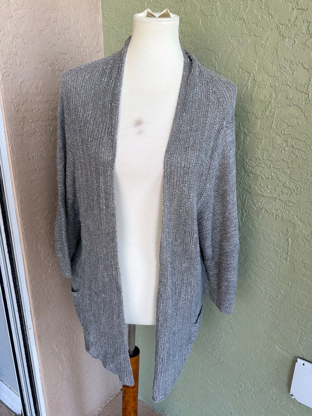 Eileen Fisher Cardigan Womens 1X Plus Gray Linen Silk Open Knit Long Sweater